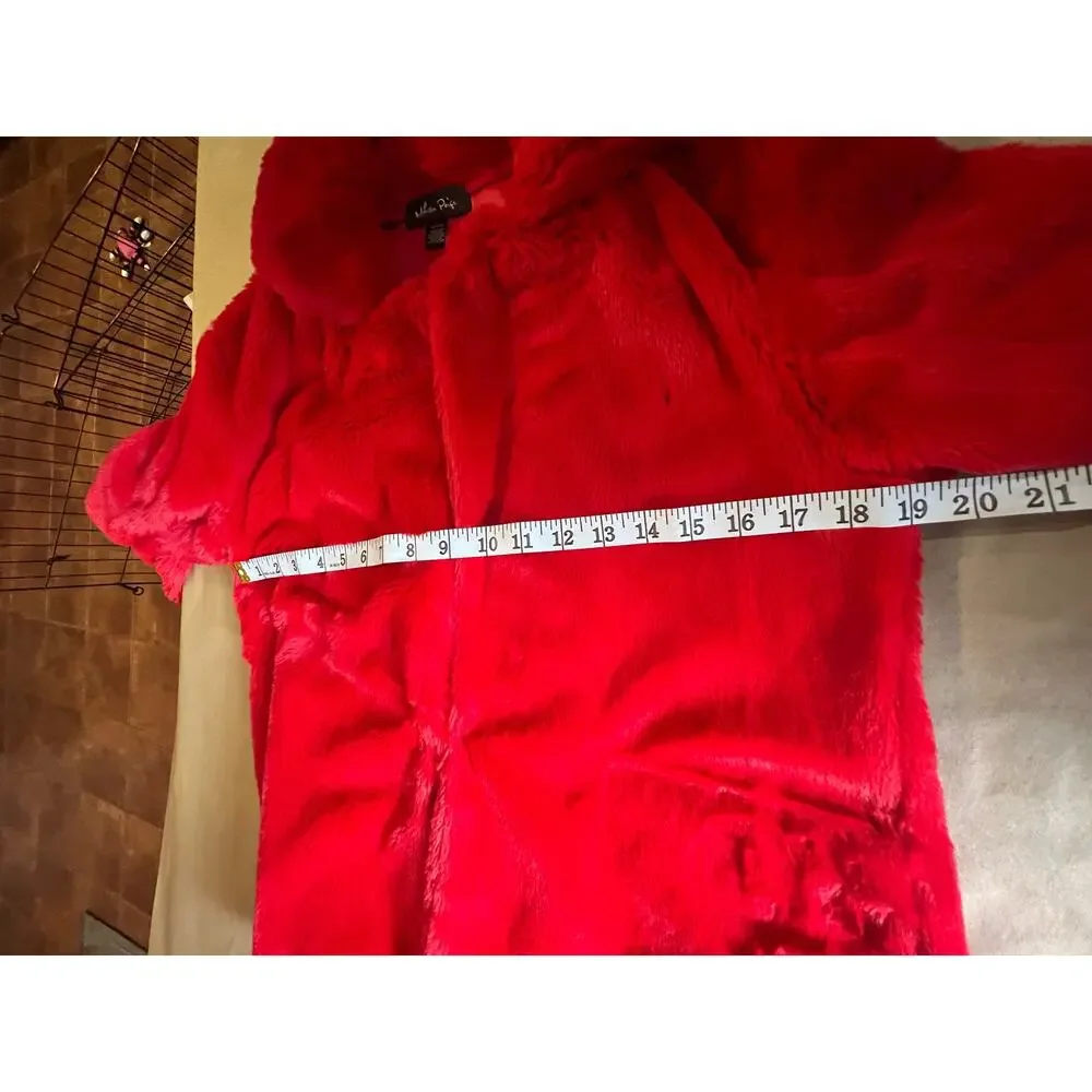 Melissa Paige Womens Red Fuzzy Fleece Jacket Collar One hook Closure Soft Small